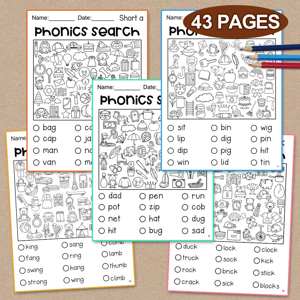 43 หน ้ าอ ่ านและค ้ นหา Phonics ค ้ นหาหนังสือภาษาอังกฤษเพื ่ อการศึกษาสําหรับเด ็ กทารกอนุบาลภาษาอังกฤษ Phonics CVC Words Practice Books Worksheets