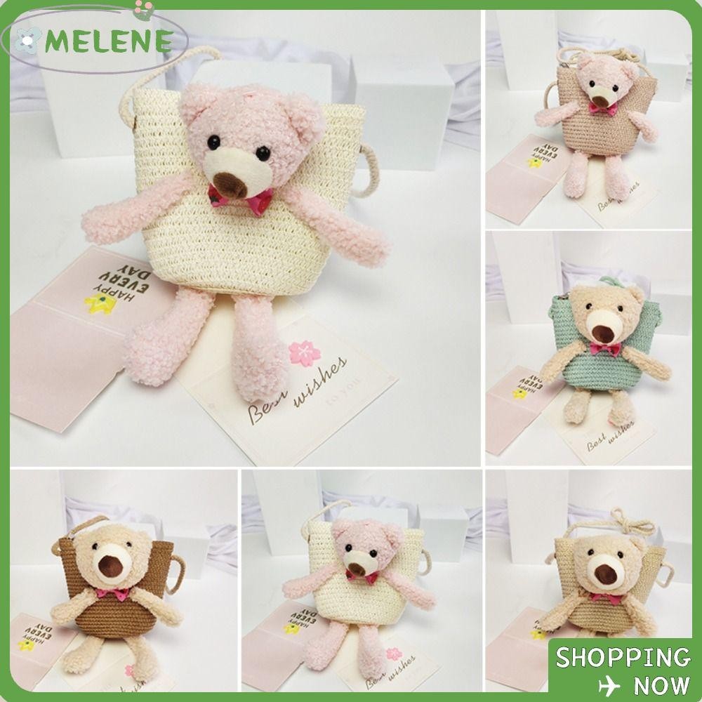 Melene Mini Straw Bag, Handmade ทอซิปเด ็ ก Messenger Bags, น ่ ารักการ ์ ตูนหมีเหรียญกระเป ๋ า Photo Props กระเป ๋ าถือ Crossbody