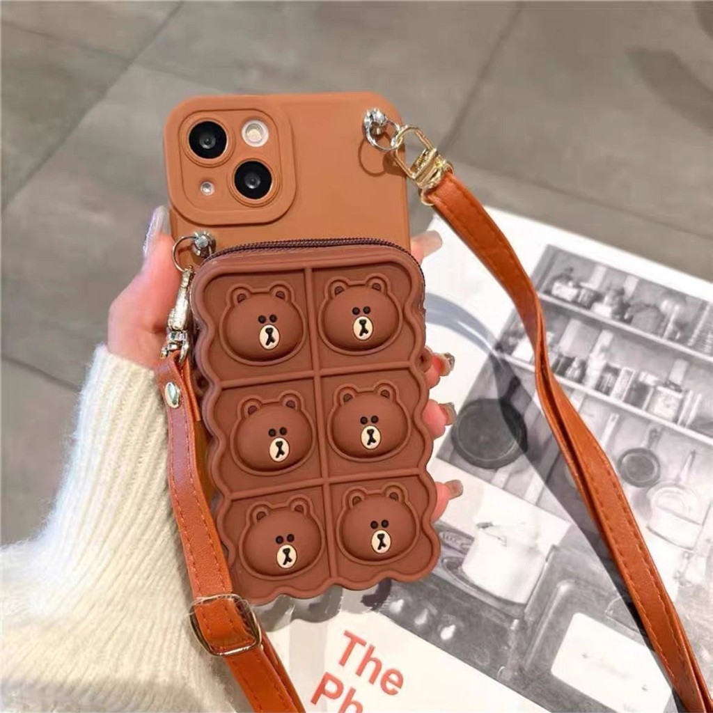 Casing For Huawei P30 Lite Y9 Prime 2019 Y7A Y6P Nova 3i 4e 5T 7i 7SE 7 9SE 10 Pro Cartoon Brown Bear Release Stress Wallet Bags Phone Case With Lanyard