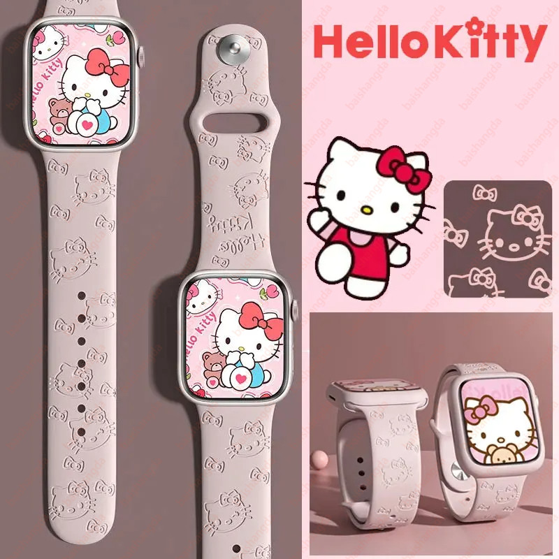 ซิลิโคนอ่อนนุ่ม kitty Cat แกะสลัก สําหรับ iWatch Band 40/41/42/44/45 มม. สร้อยข้อมือกีฬา Series 9/7/SE/6/8/Ultra 2