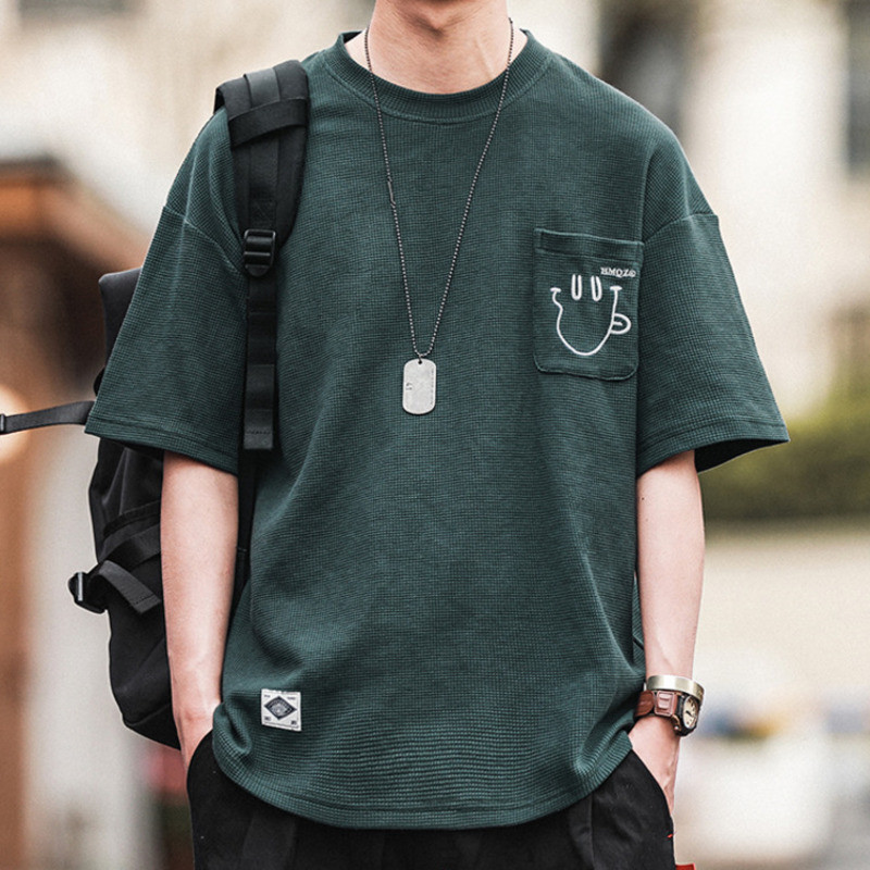 M-5XL ฤดูร้อนวาฟเฟิลรอบคอหลวมลำลองขนาดบวกแขนสั้นเสื้อยืดผู้ชาย เสื้อยืดชาย