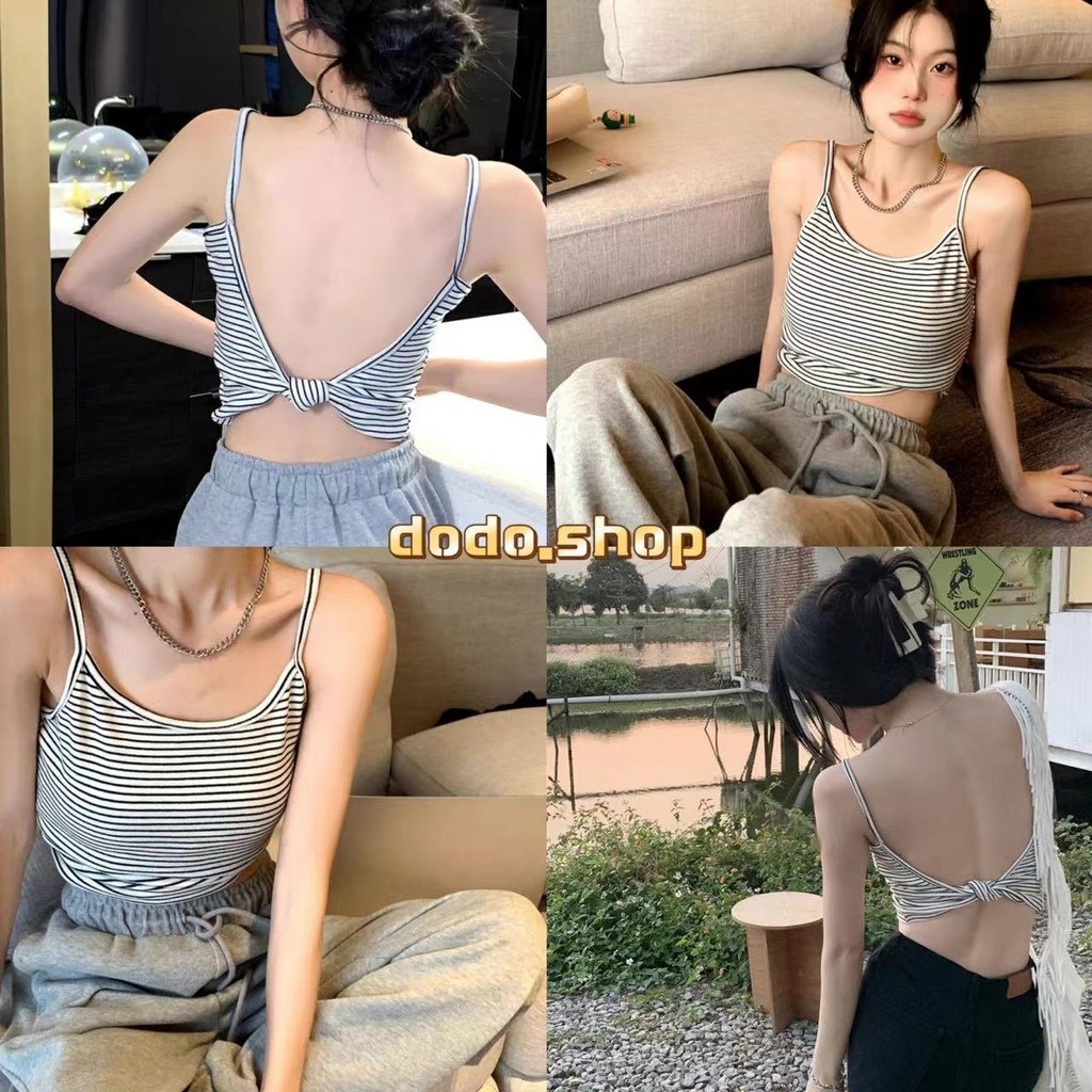 DODO⭐️สินค้าพร้อมส่ง⭐️เสื้อสายเดี่ยวไหมพรม ลายทางเล็กๆดีเทลเว้าหลังเซ็กซี่เบาๆ (85143)