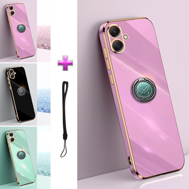 SAMSUNG สําหรับsamsung Galaxy A04 A04E A04S A05 A05S A7 2018 A10 A10Sเคสโทรศัพท์ตรงขอบทองTPUชุบปลอกพร้อมแหวนวงเล็บ
