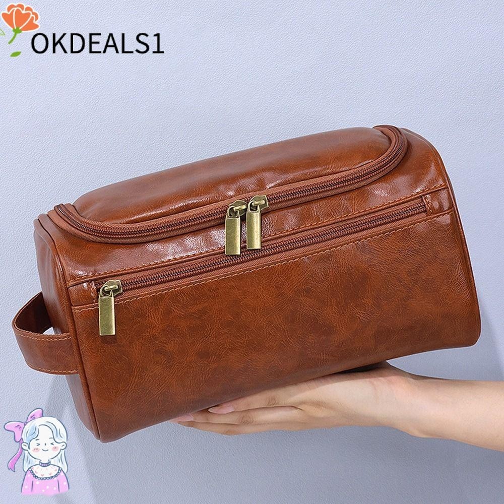 Dealshop กระเป๋าเครื่องสําอาง หนัง PU มีซิป กันน้ํา อเนกประสงค์ ขนาดใหญ่ จุของได้เยอะ สไตล์วินเทจ สําหรับผู้ชาย