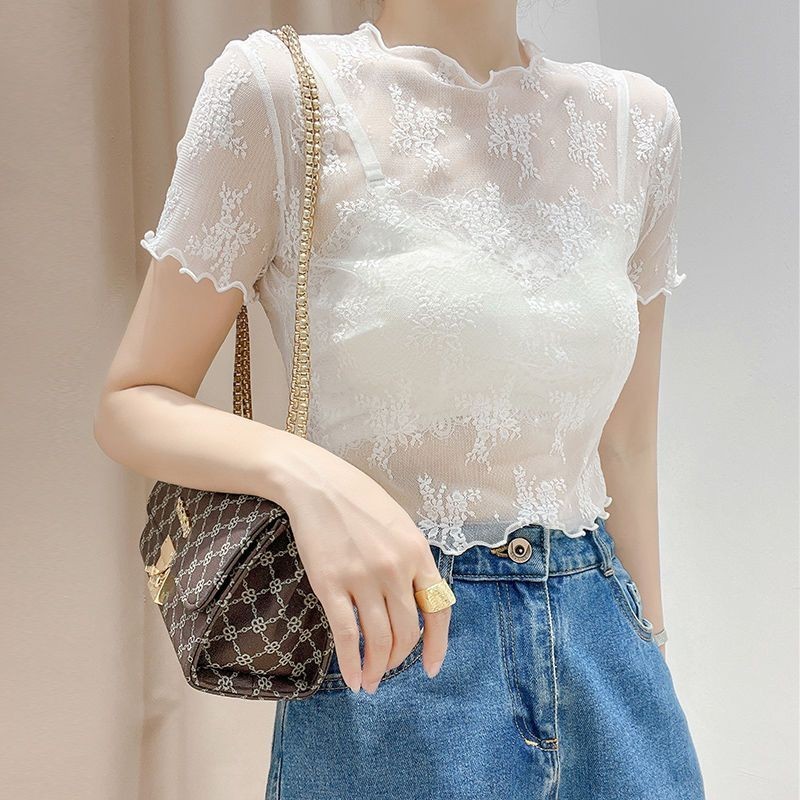 เสื้อลูกไม้ทรงบอททอมสําหรับผู้หญิงกระโปรงแขวนแขนสั้นพร้อมเสื้อตาข่ายซีทรูผ้าโปร่งบางรัดรูปเสื้อสเวตเตอร์ถักแขนสั้นอเนกประสงค์เทรนด์เทรนด์เทรนด์รัดรูป 5.14