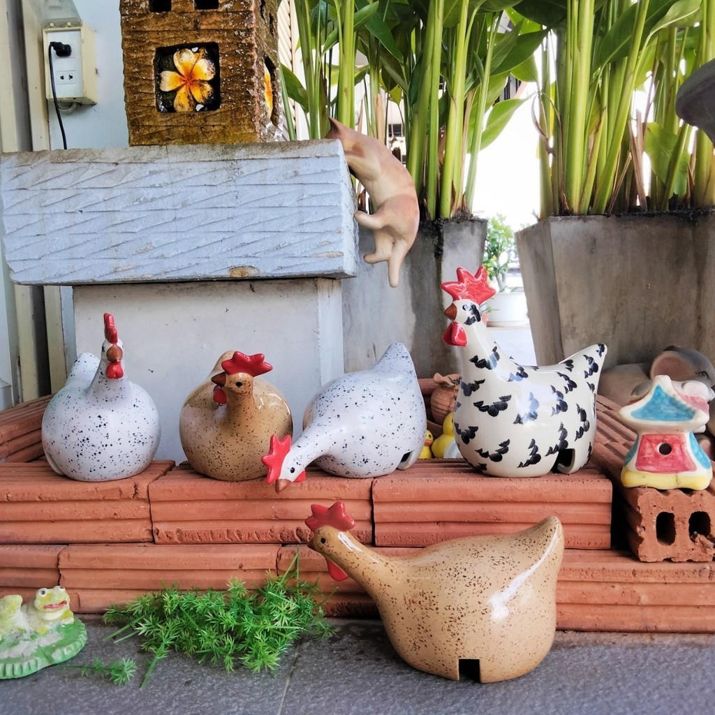 ตุ๊กตาแต่งสวน ไก่เซรามิค 5ท่าทาง ตุ๊กตาแต่งสวนตัวใหญ่ ตุ๊กตาไก่ ไก่เกาะรั้ว ตุ๊กตาจัดสวนหย่อม