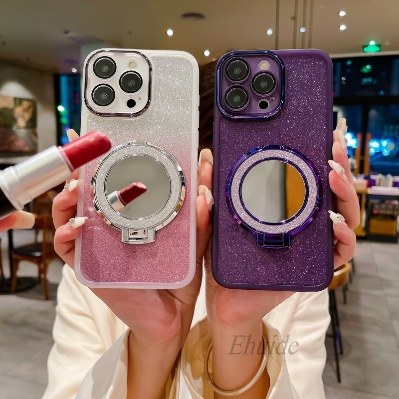 Iphone 15 Pro Max 11 12 13 Mini 14 Plus XS Max Mirror Stand Glitter Case กันกระแทก Len กล้องซิลิโคนอ่อนนุ่ม TPU Cover
