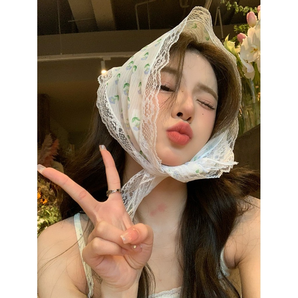 6 สีผู้หญิงดอกไม้พิมพ์ Turban Head Kerchief Lattice Hair Bandana สามเหลี่ยม Headwear ผ้าพันคอผม