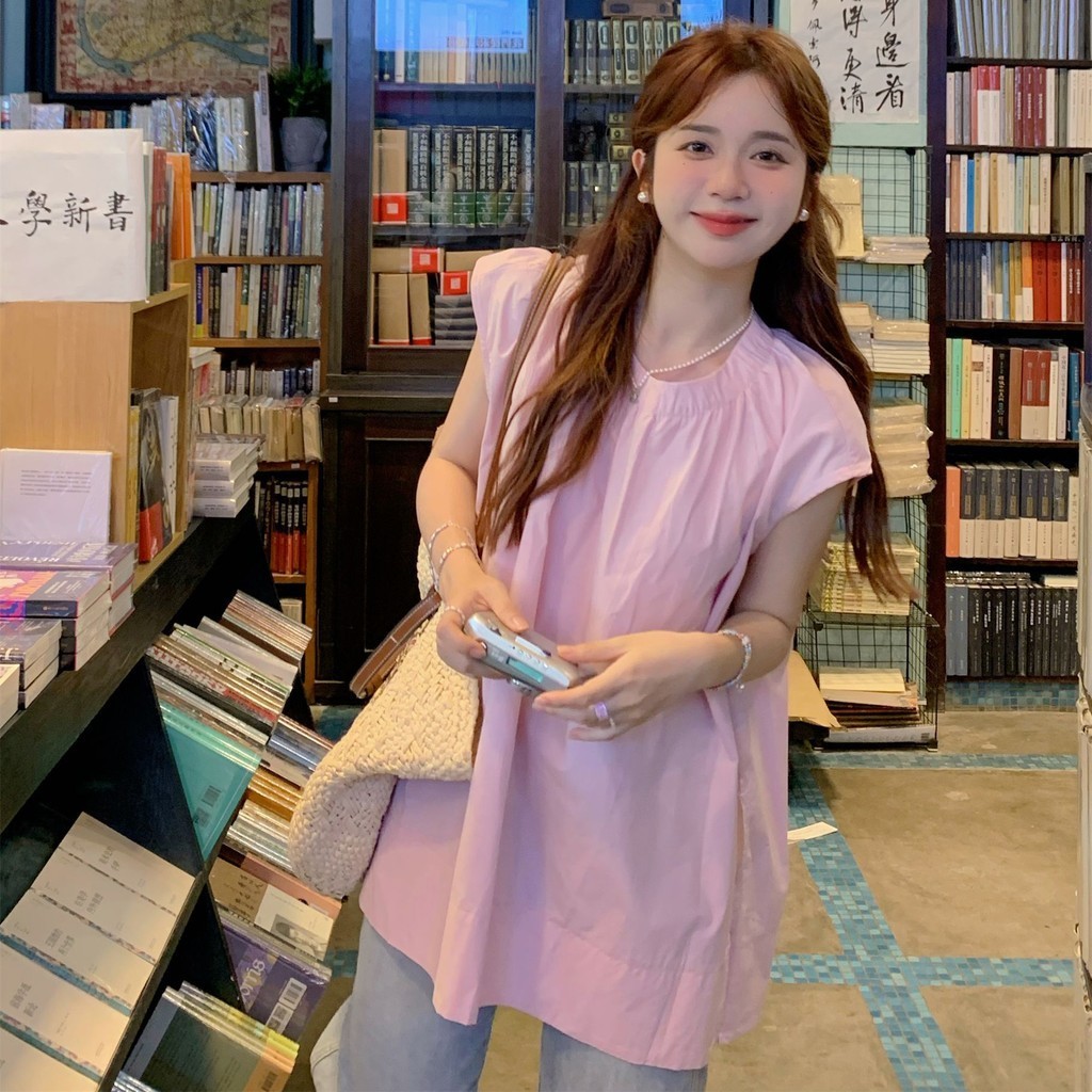 2024 ฤดูร้อนสไตล์ใหม่แฟชั่นหลวมครอบคลุมเนื้อแขนสั้นเสื้อเด็กกลางความยาวสีชมพูเสื้อแขนกุดเสื้อ