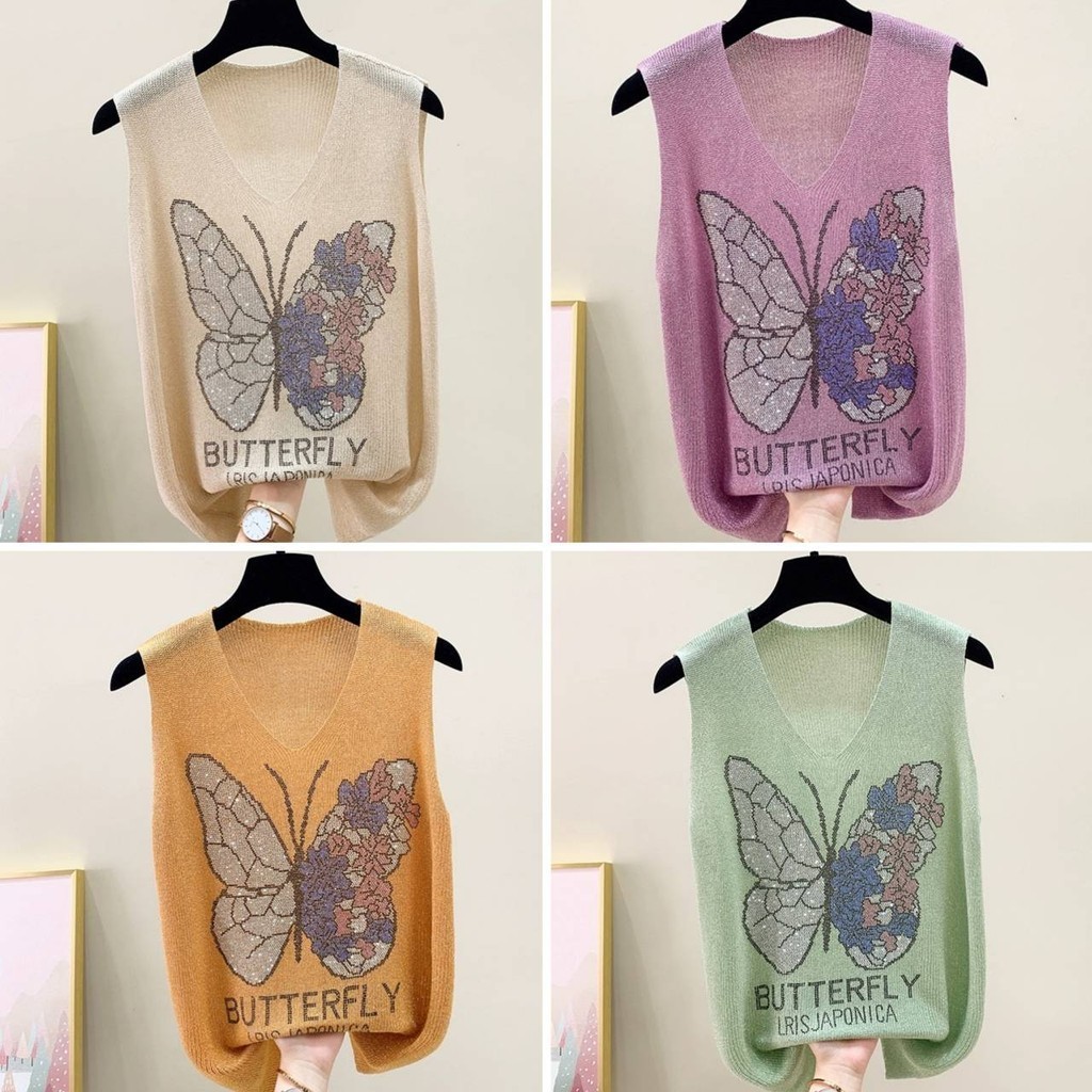 เสื้อกล้ามคอวีแฟชั่นผู้หญิงขนาดฟรีไซส์ ผ้าไหมพรมวิ้งๆ ลายผีเสื้อ ผ้ายืดได้เยอะมากผ้านิ่มใส่ดี ผ้าใส่เย็นสบาย