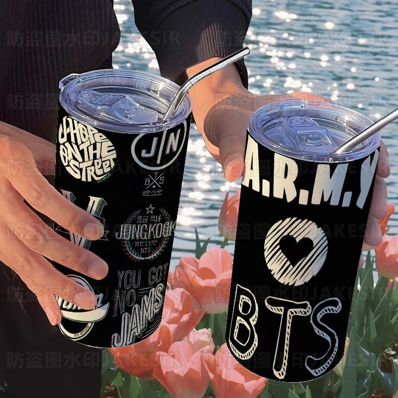 Bts Bangtan Boys กระติกน ้ ําร ้ อนพร ้ อมฟางถ ้ วยลําลองถ ้ วยกาแฟสแตนเลสแบบพกพา Gelas minum Termos Dengan ฟาง
