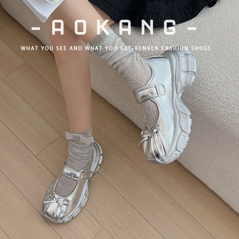 Aokang Womens New Shallow Mouth Loaf Silver Mary Jane Shoes Bow รองเท้าส้นหนา