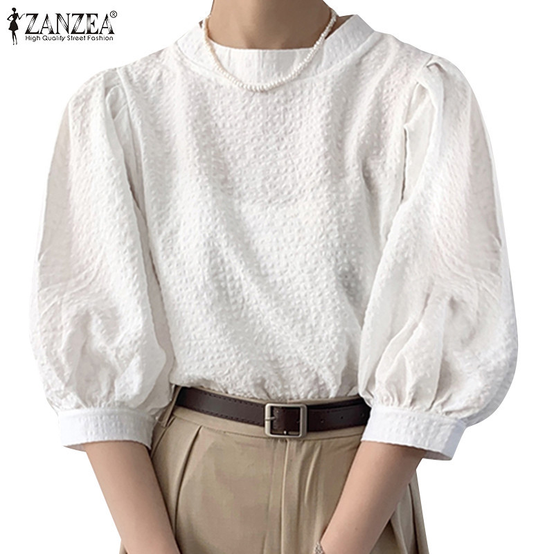 ZANZEA ซานเซีย ผู้หญิงเกาหลีลําลองคอกลมสามในสี่แขนเสื้อลาย