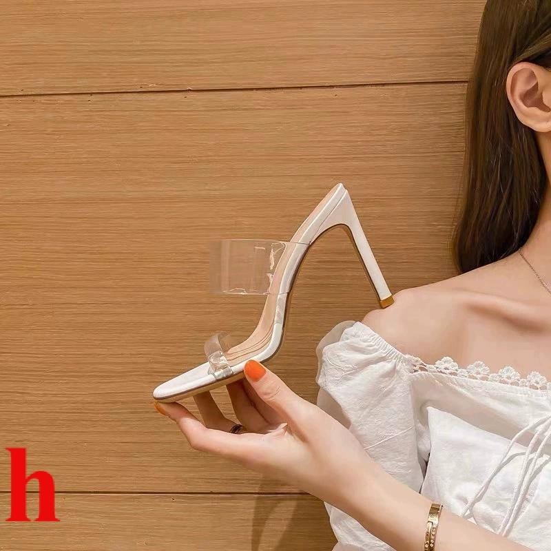 One-word Strap รองเท้าแตะโปร่งใสผู้หญิง 2024 สไตล์ใหม่ฤดูร้อนรองเท้าส้นสูงสีขาว Stiletto Heel Fairy สไตล์ Nude รองเท้าแตะรองเท้าแตะ