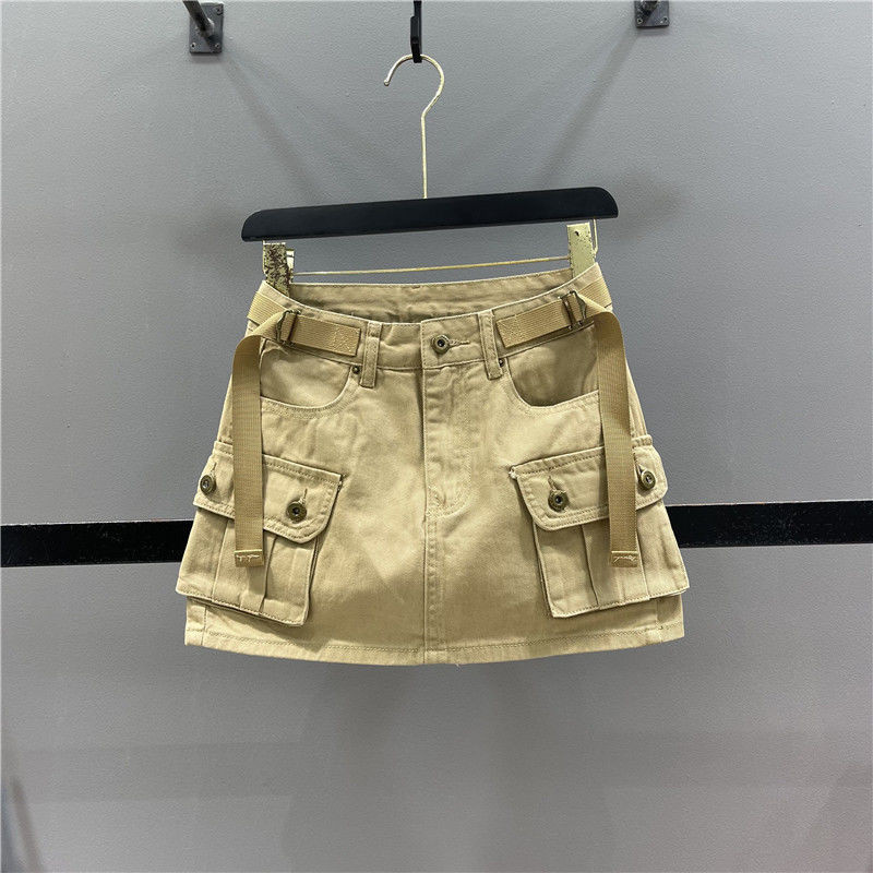 ทหารสีเขียว workwear กระโปรงยีนส์สั้นสำหรับผู้หญิงฤดูร้อนใหม่ป้องกันการสัมผัสเอวสูง A-Line กระโปรงคลุมสะโพก