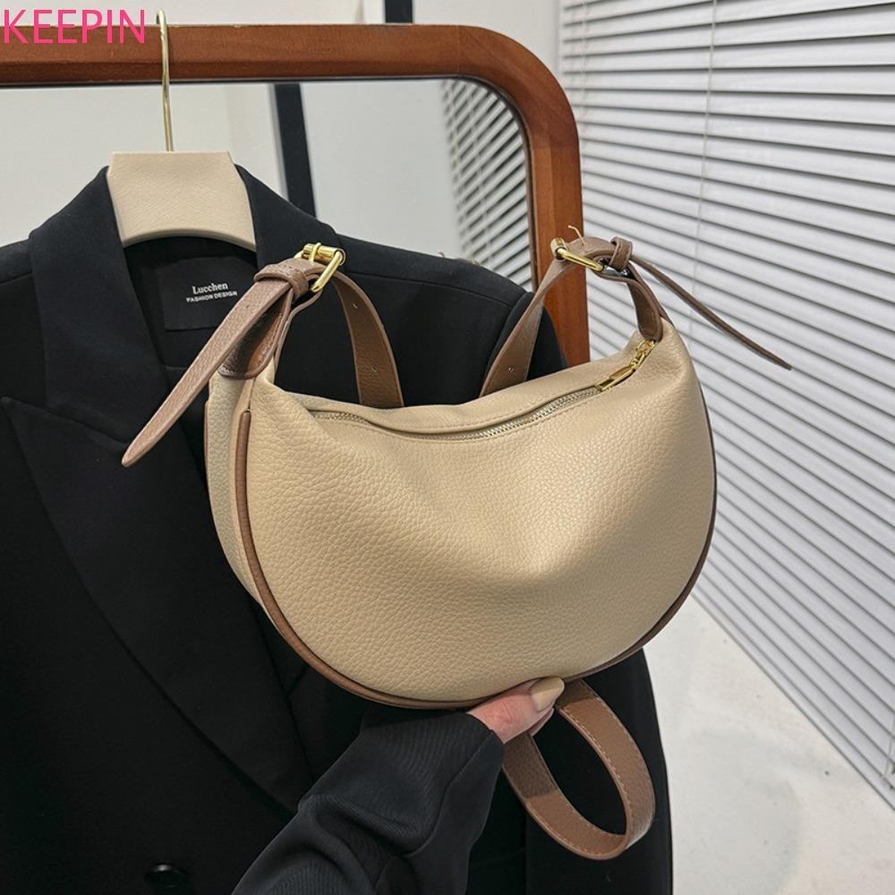 Keepin PU Leather Crossbody Bag,สีทึบซิปกระเป๋าสะพายหนัง PU,ลําลองสายรัดปรับได้สไตล์เกาหลีความจุขนาดใหญ่ใต้วงแขนกระเป๋าเกี๊ยวสาว