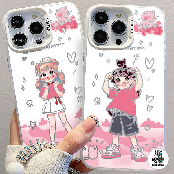 คู่รัก รูปแบบ เคสโทรศัพท์มือถือ For iPhone 11 12 13 14 15 Pro Max X XS 7 8 Plus เคส เคซิลิโคนุ่มสสีเงินเคส เลเซอร์สีเงิน