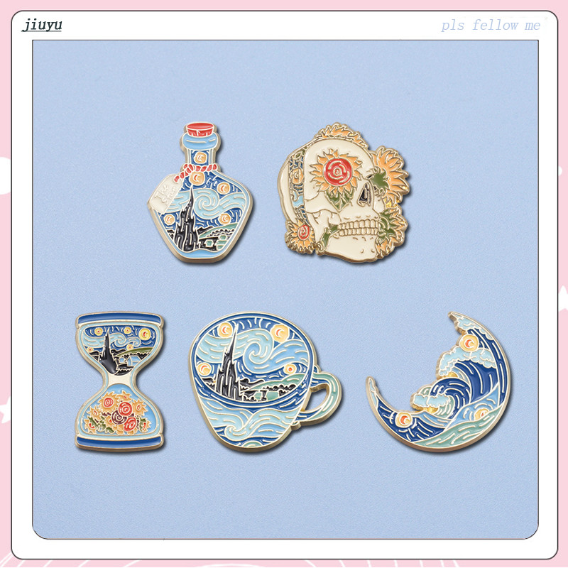 Van Gogh Starry Sky ภาพวาดสีน้ํามัน Pins เข็มกลัด Creative นาฬิกาทรายถ้วยน้ําโลหะป้ายเข็มกลัดเครื่องประดับอุปกรณ์เสริม