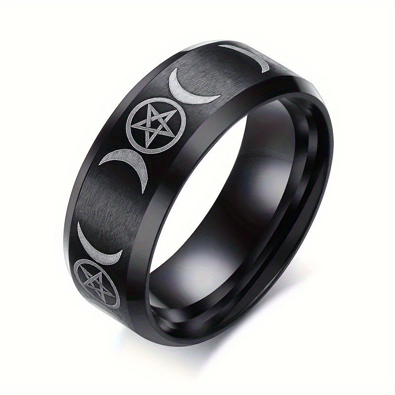 8 มม.สแตนเลส Crescent Moon และ Pentagram เครื ่ องประดับ Triple Moon Goddess Wicca Witchcraft ไทเทเนียมทองแหวนสีดําสําหรับผู ้ หญิง