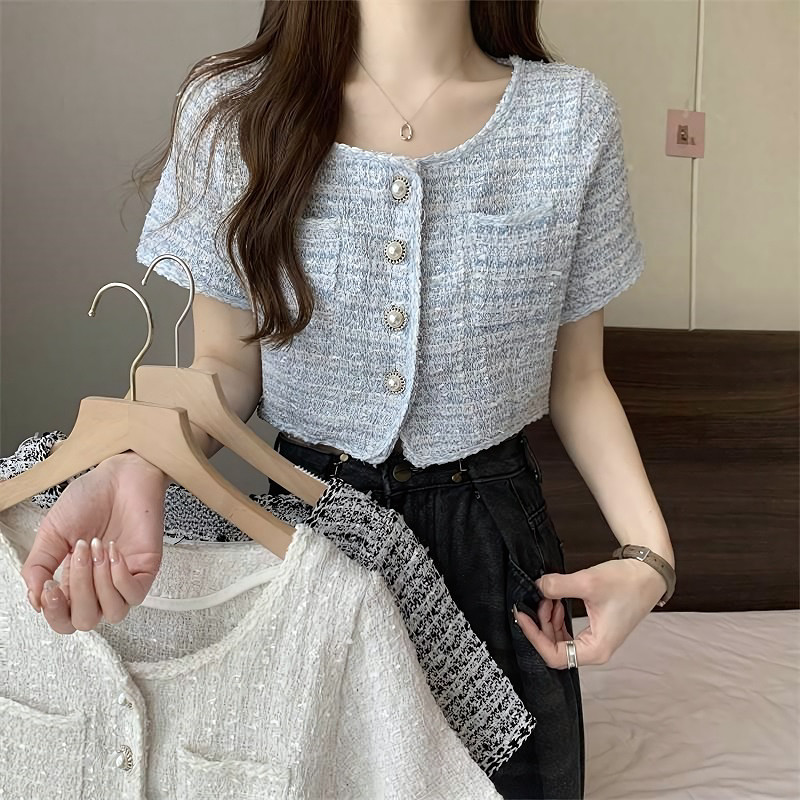 Kaekai พร้อมส่ง เสื้อคลุม กระดุมแต่งมุก ผ้าทวิต แขนสั้น กระเป๋า 2 ข้าง ใช้งานได้จริง ใส่สบาย ไม่ร้อน