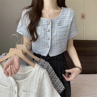 Kaekai พร้อมส่ง เสื้อคลุม กระดุมแต่งมุก ผ้าทวิต แขนสั้น กระเ…