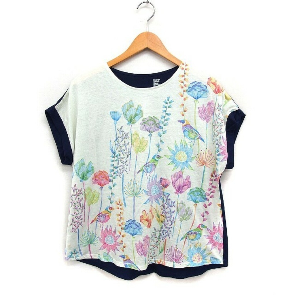 Graniph Graniph Flower and Bird Print Cut and Sewn Round Neck French Sleeve Navy Direct from Japan Secondhand