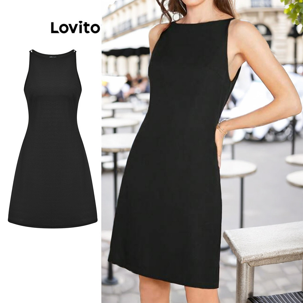 Lovito ชุดเดรสผู้หญิง เบสิก สีพื้น หรูหรา L68ED233 (สีดำ)