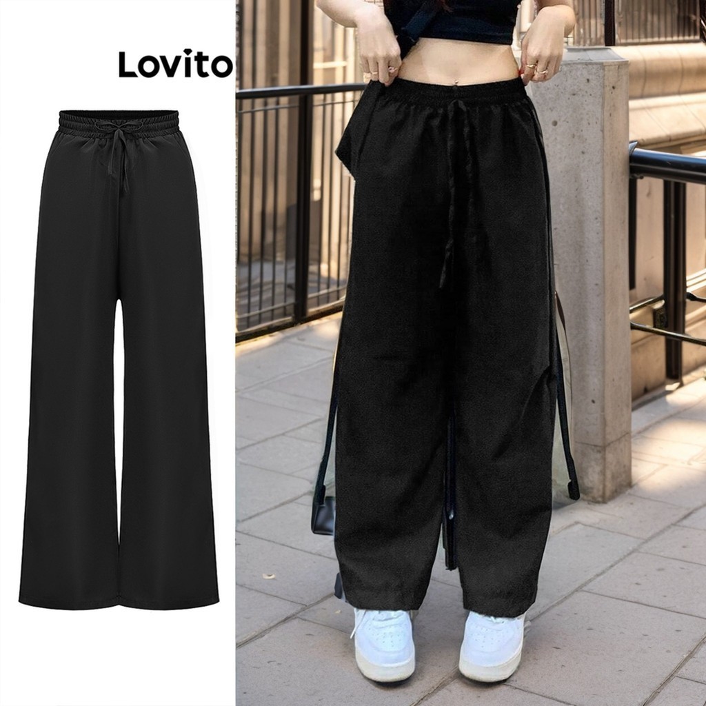 Lovito กางเกงขายาวผู้หญิง ผูกเชือก ผูกหน้า เบสิก สีพื้น สไตล์ลำลอง L88AD057