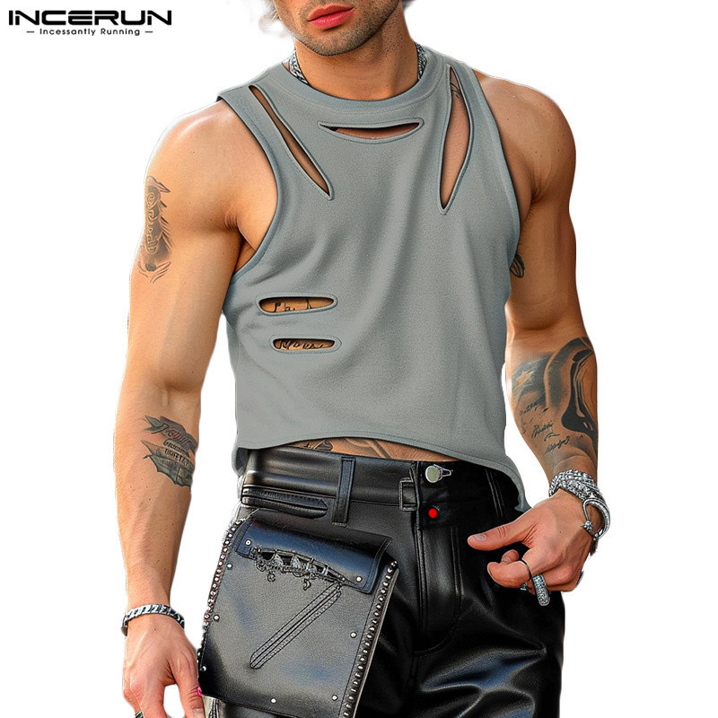 Incerun Men Vintage Casual Round Neck Cutout ดอกไม ้ แขนกุด Tanks