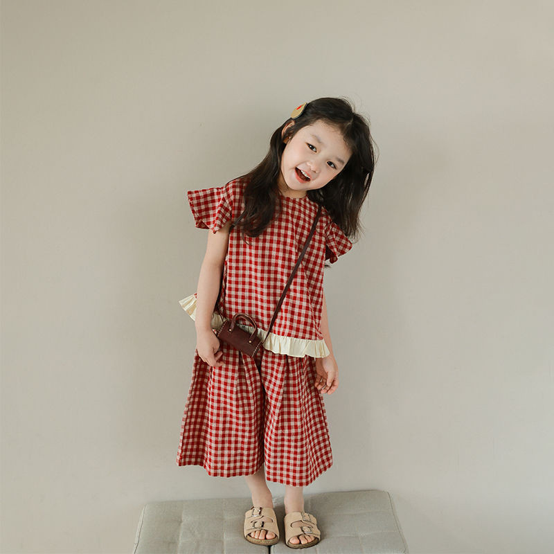 สาวเสื้อผ้าฤดูร้อนแขนบินขนาดเล็กลายสก๊อตสูทฤดูร้อนสไตล์ใหม่เด็กสาวฤดูร้อนแฟชั่นเสื้อผ้าฤดูร้อนชุดสองชิ้นอินเทรนด์