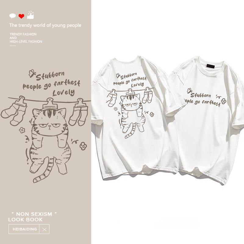 COD (กรุงเทพจัดส่งสินค้า)BOOM Shop T-shirt，แมวการ์ตูนน่ารักพิมพ์เสื้อยืดแขนสั้นหลวม เสื้อผ้าแฟชั่นผู้หญิง