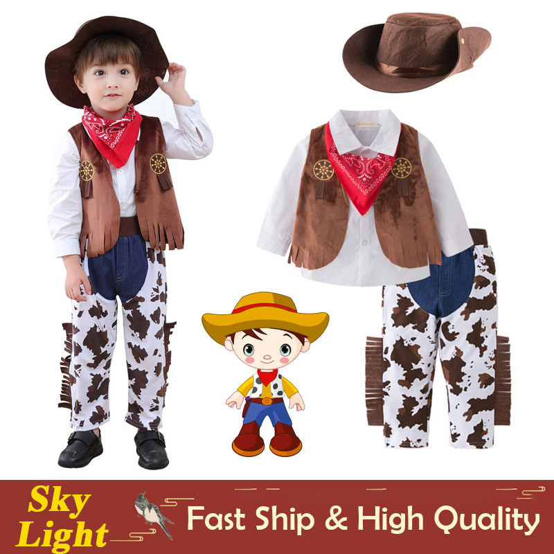 Woody Toy Story Western คาวบอยคอสเพลย์เครื่องแต่งกายสําหรับเด็กปาร์ตี้ฮาโลวีนชุดเสื้อเชิ้ตสีขาวสีน้ําตาลเสื้อกั๊กกางเกงชุดสําหรับเด็ก