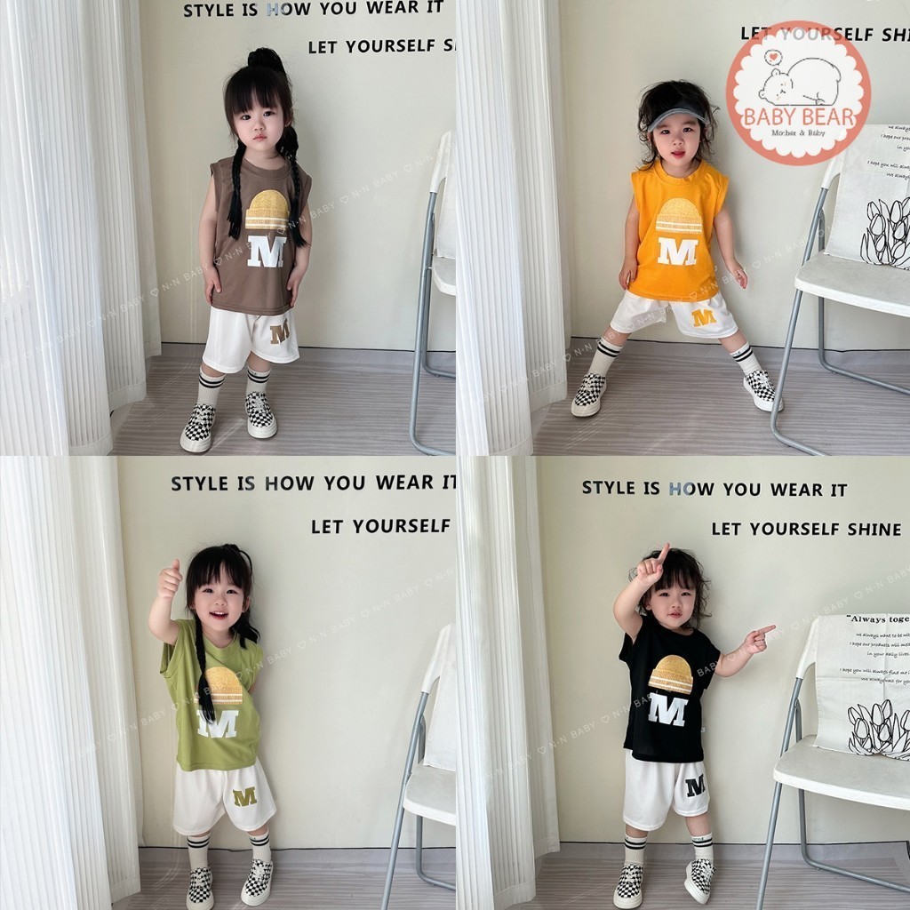 ชุดแขนกุด ชุดเซทเด็ก สกรีน M เซทเสื้อ+กางเกง แฟชั่นน่าร้อน 6เดือน-4ปี