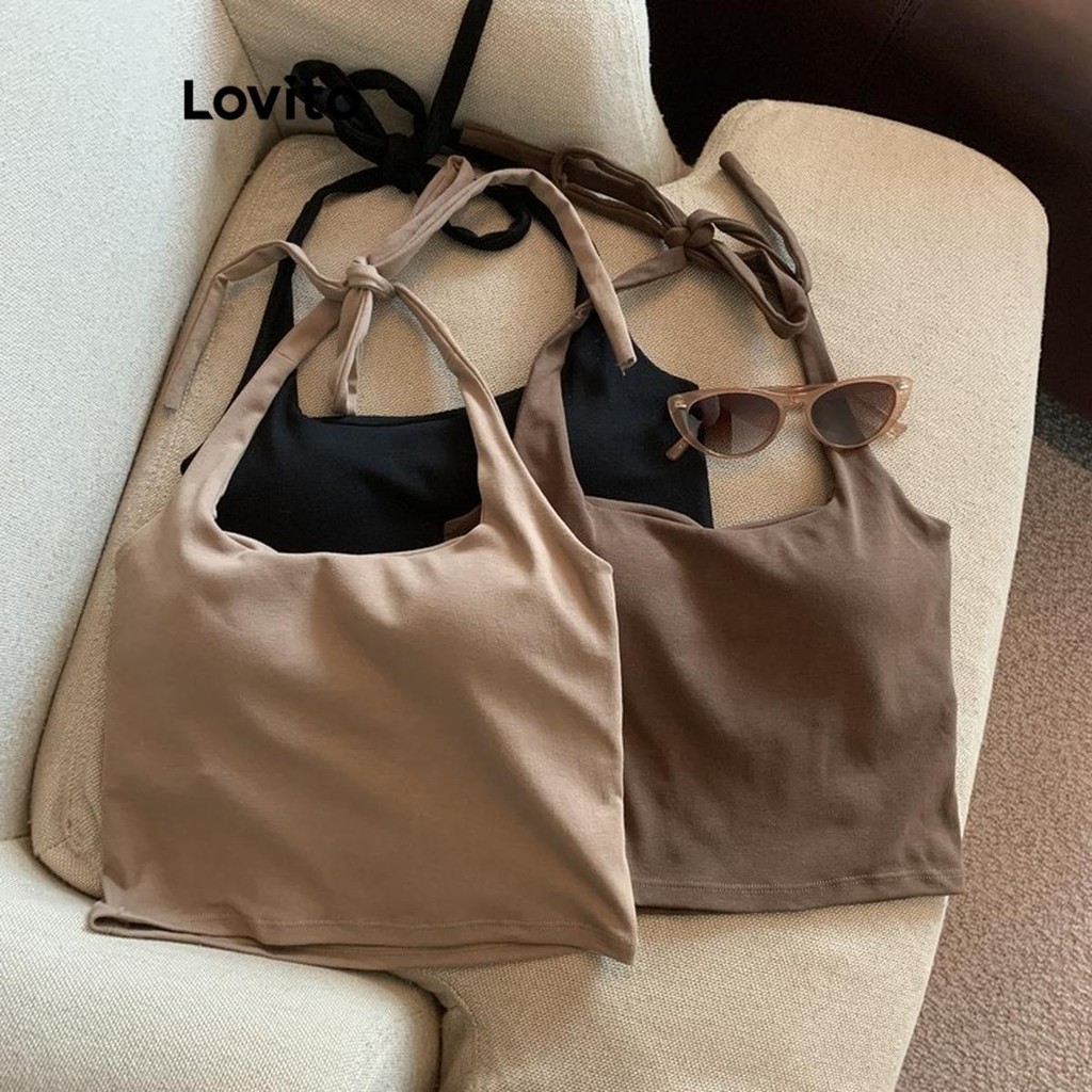 Lovito เสื้อคล้องคอผู้หญิง มีสายผูกด้านหลัง สีพื้น สไตล์ลำลอง LNE48335