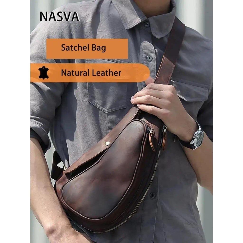 NASVA ของแท้หนัง Retro กระเป๋าคาดหน้าอกผู้ชายแฟชั่น First Layer Cowhide Dumpling กระเป๋ากีฬาฟิตเนส Crazy Horse หนัง Messenger กระเป๋า