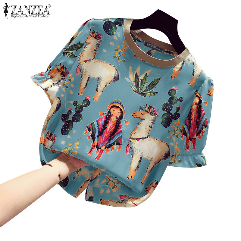 Zanzea เสื้อเบลาส์แขนโคมไฟคอกลมพิมพ์ลายแฟชั่นเกาหลีสําหรับผู้หญิง