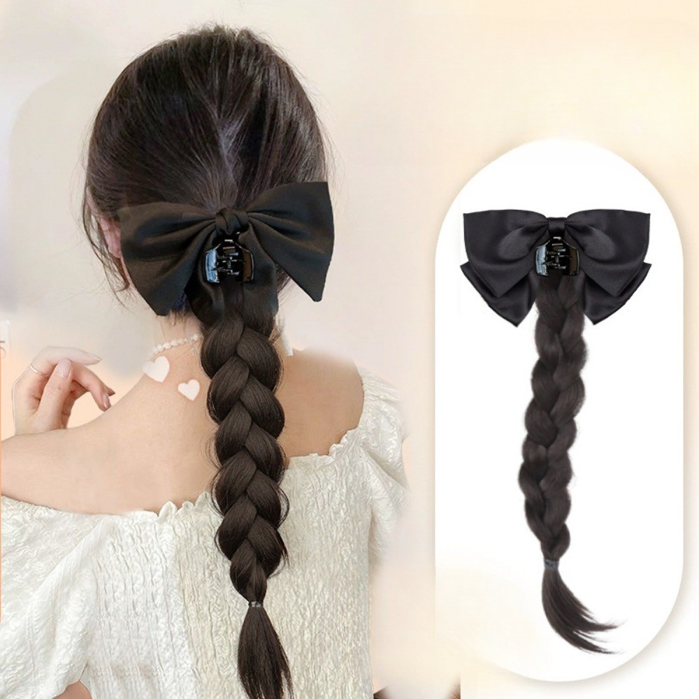 Elegant สีดํา Bownot Grip คลิปมวยวิกผมหางม้าหญิงจําลอง Braid Twists ต่อผม