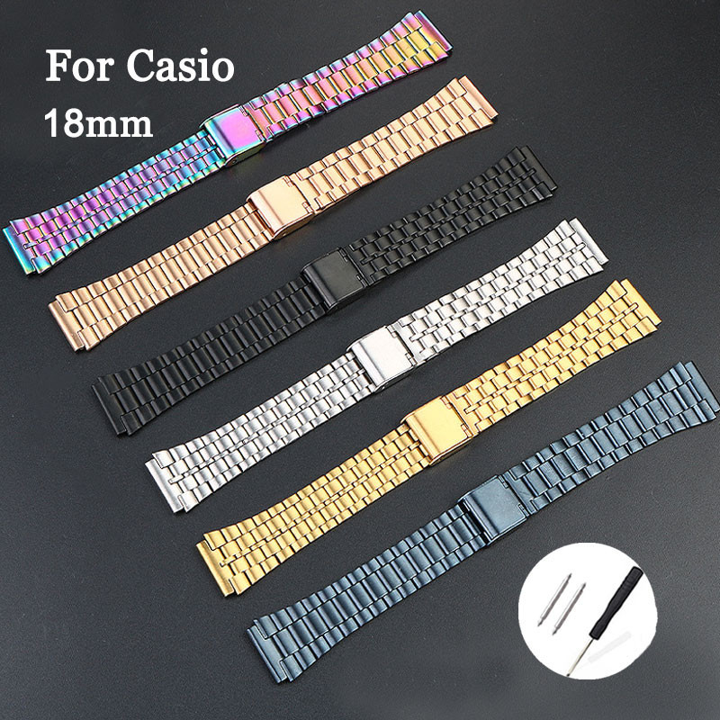 18 มม.Colorful Retro 304 สายนาฬิกาสแตนเลสสําหรับ Casio W800h AE1200 F91W A158 A159 F91 โลหะนาฬิกาผู้หญิงผู้ชายเข็มขัดสร้อยข้อมือเปลี่ยนนาฬิกาอุปกรณ์เสริม