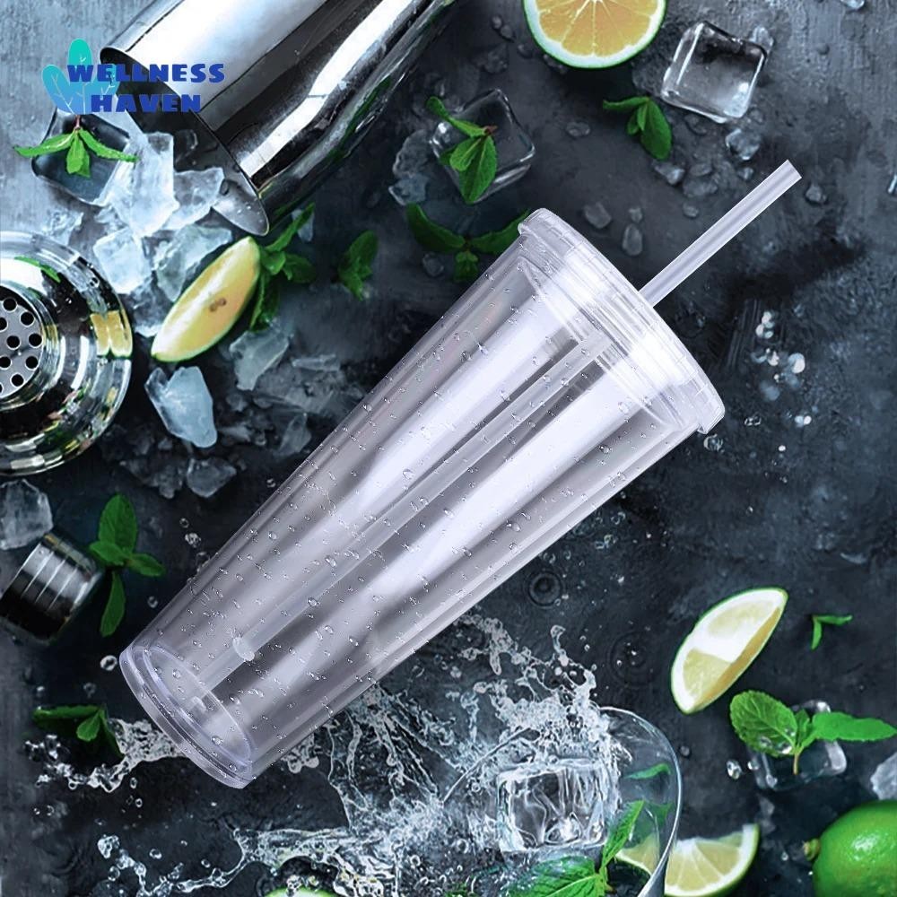 Wellnesshaven แก้วน้ําใสพร้อมฝาปิดและฟางขวดน้ําโปร่งใส Drinkware พลาสติก Double-Layer 350/450/650ml ถ้วยกาแฟเย็นนม