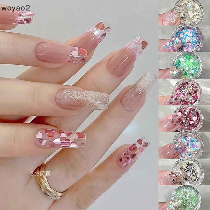 [woyao2] เล็บ Glitter เลื่อมผสมหัวใจรูปดาวเล็บเลื่อม Paillette ตกแต่งเล็บเล็บ 3D Decals อุปกรณ์เสริม Boutique