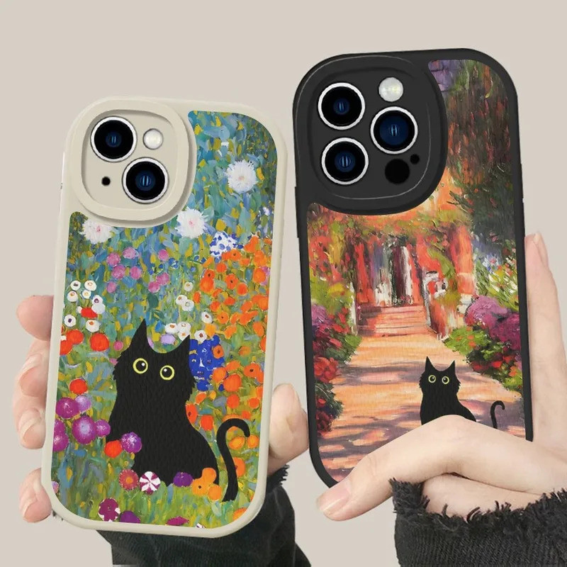 TP-1 Claude Monet Van Gogh Black cat Oil Art เคสโทรศัพท์หนังสําหรับ iPhone 14 13 12 Mini 11 14 Pro M