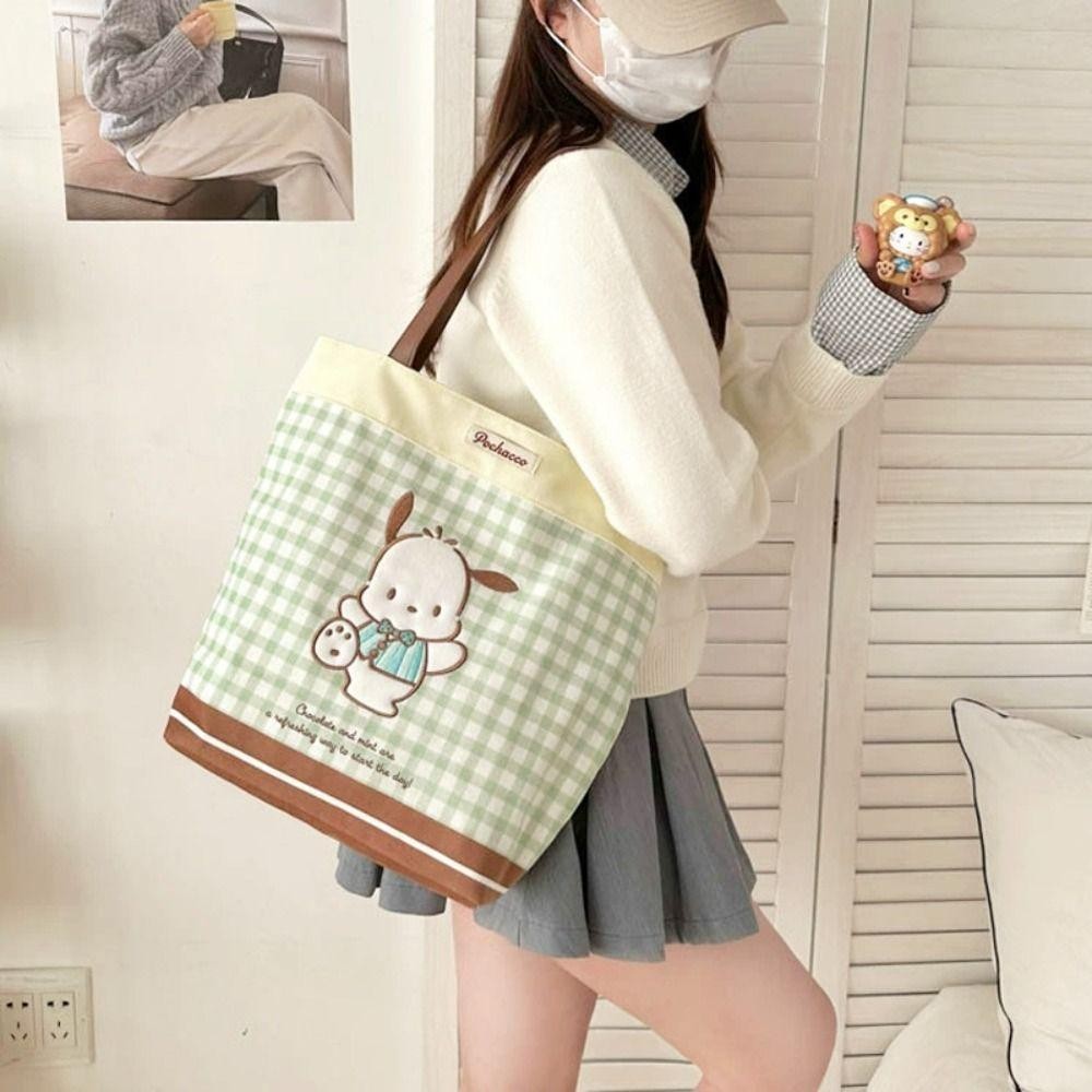 กระเป๋าโท้ต BASTIBAG, กระเป๋าสะพายลายการ์ตูน Kuromi โพลีเอสเตอร์, กระเป๋าถือนักเรียนสีตัดกันลายสก๊อตความจุขนาดใหญ่ Kawaii