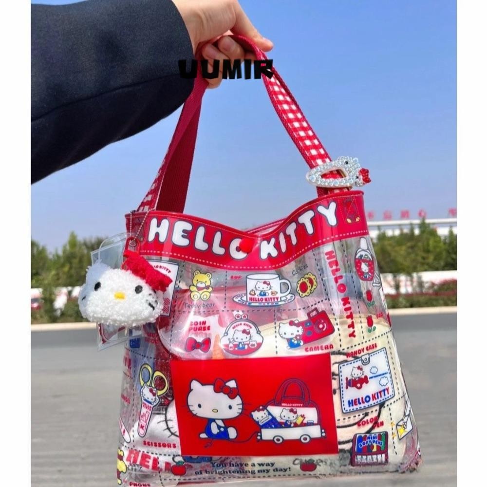 Uumir กระเป๋าถือ Hello Kitty กระเป๋าสะพายทรงสี่เหลี่ยมกันน้ํา กระเป๋าช้อปปิ้ง PVC ความจุขนาดใหญ่น่ารักผู้หญิง