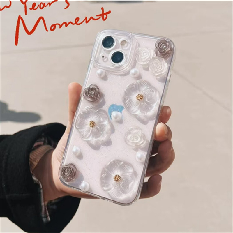 หรูหรา 3D ดอกไม้มุกผีเสื้อเคสโทรศัพท์สําหรับ iphone 17 Pro Max 17 Air 16 15 14 13 12 11 Pro Max X XS Max XR สาวอีพ็อกซี่ Glitter ฝาครอบสีขาว