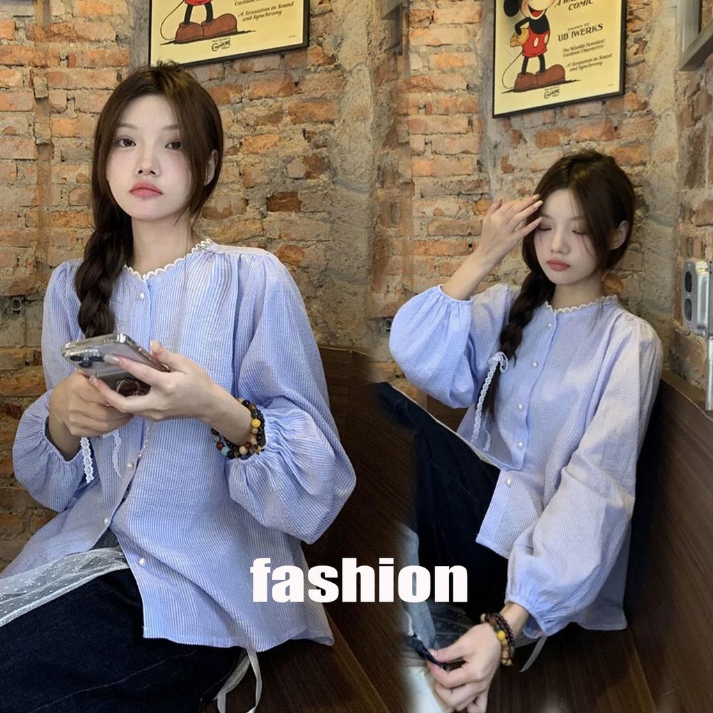Dahong 💖เสื้อเชิ้ตแขนยาว ลายทางพาสเทล Women W531