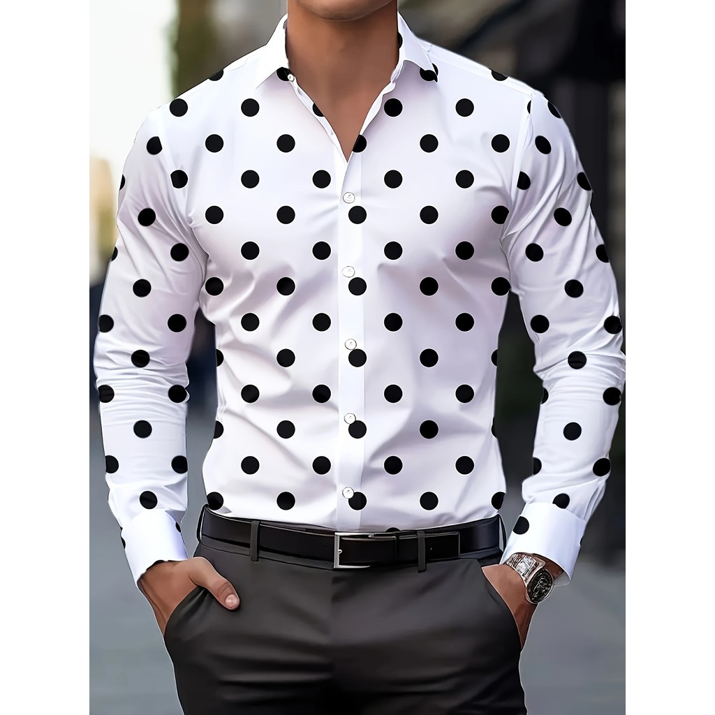 เสื้อเชิ้ตแขนยาวพิมพ์ลายลายจุดสไตล์ลําลองสําหรับผู้ชาย
