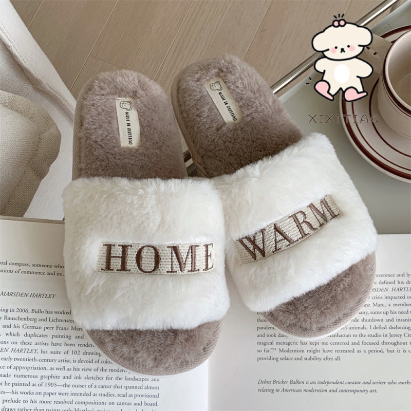 Xixtiao รองเท้าแตะผู้หญิงในร่มกลางแจ้งสวมใส่ Plush Keep Warm One-word Creative เย็บปักถักร้อย Soft Sole