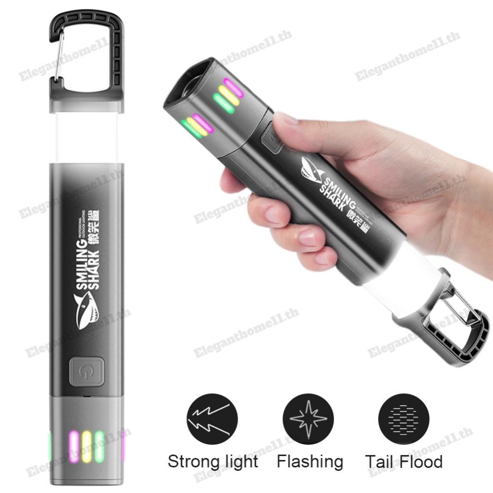 Smiling Shark Xpe + COB LED ไฟฉายซูมปรับได้พร้อมไฟด้านข้าง Floodlight - USB-C ชาร์จ, 3 โหมด, แถบเรืองแสงและตะขอสําหรับเดินป่ากลางแจ้งตกปลาตั้งแคมป์เกียร์