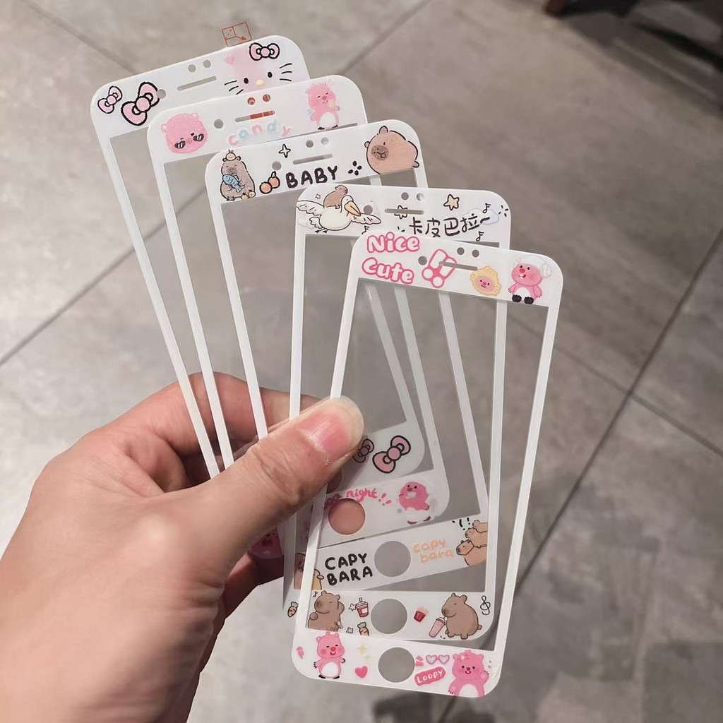 ฟิล์มการ์ตูนมีลาย iPhone 4 5 6 7 8 SE ลาย iPhone7Plus ฟิล์มการ์ตูนสีชมพูแบบเต็มหน้าจอ