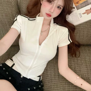 เสื้อยืดซิปสไตล์อเมริกันสำหรับสาวๆ หน้าร้อน